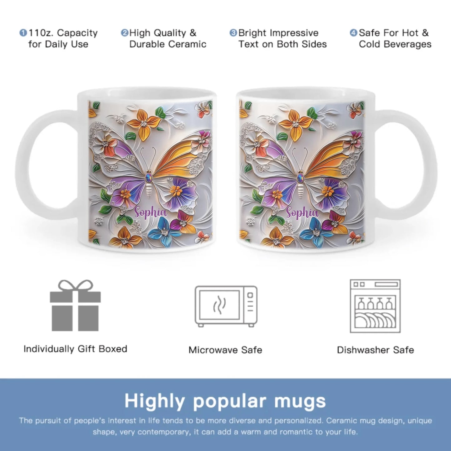 Customised Butterfly Themed Mugs - Personalised Name Gorgeous Butterfly Print Decorative Mugs - A Gift For Family,Friend,Sister,BFF,Butterfly Lovers