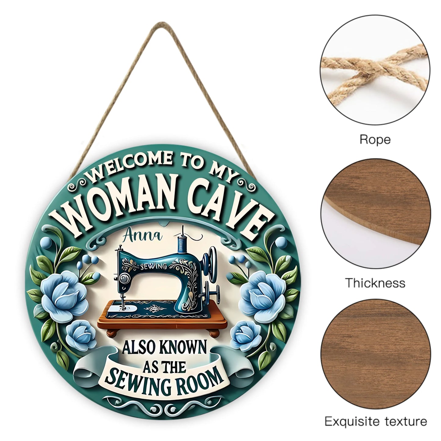 Custom Sewing Theme Door Plate - Personalized Name and Title Sewing Machine Pattern Round Wooden Sign - Gift for Family,Friend,Tailors,Sewing Enthusiasts