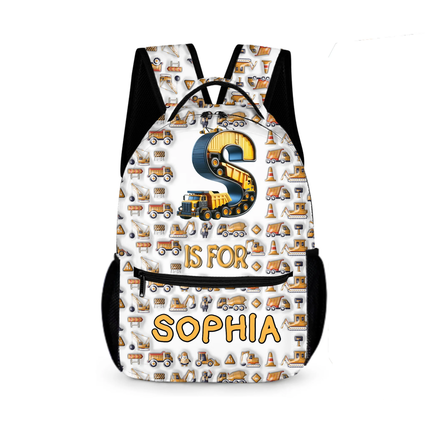 Construction Vehicle - Personalized First Letter Customized Boy Backpack - School Season Gift for Boys