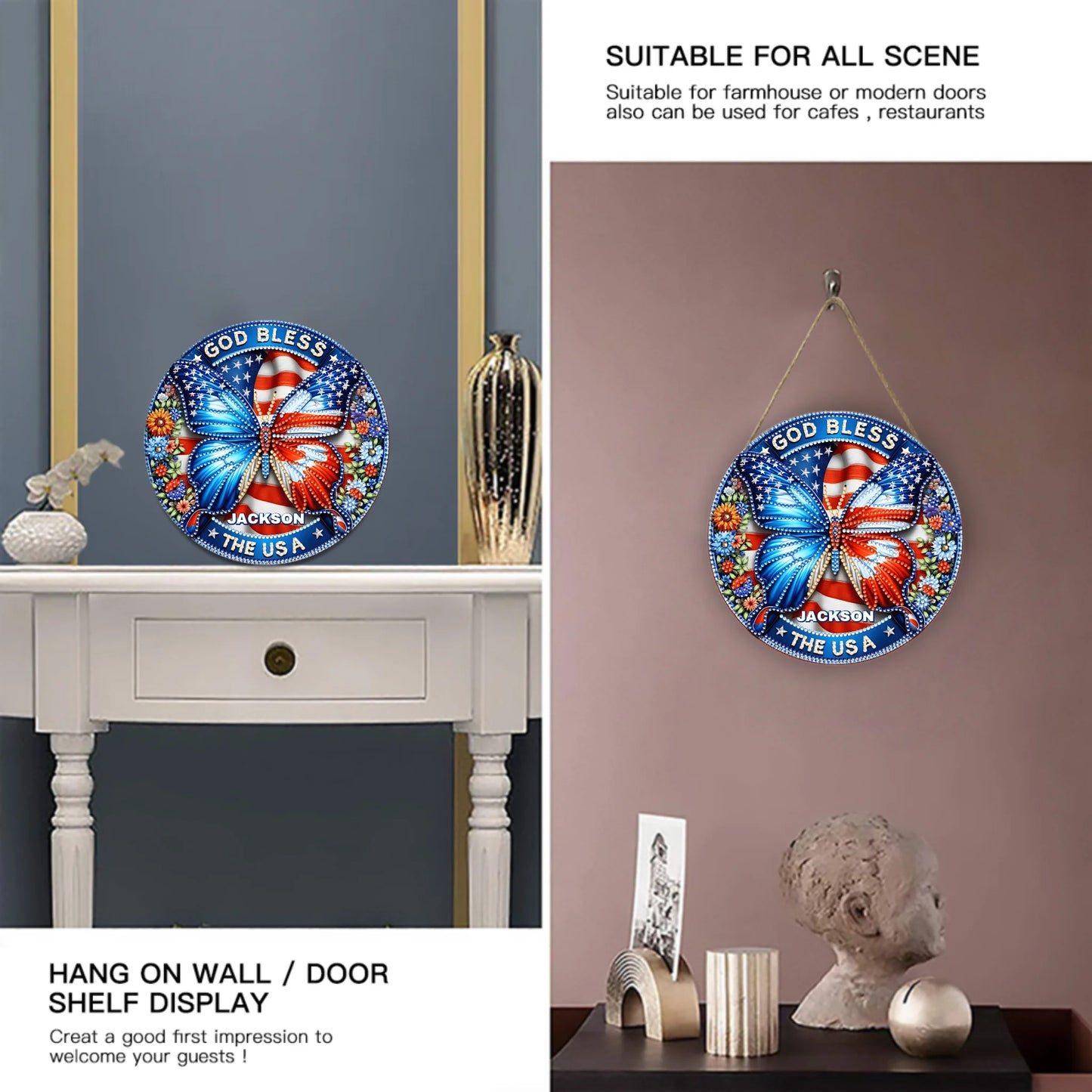 Patriotic Butterfly Door Plate - Personalized Wooden Sign