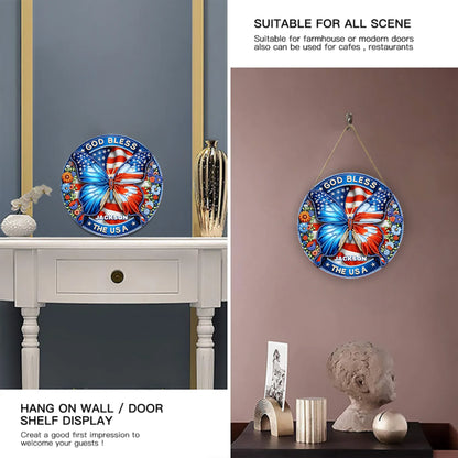 Patriotic Butterfly Door Plate - Personalized Wooden Sign