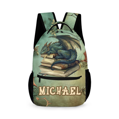 Personalized Name Custom Dragon Sleeping on Books Backpack - School Season Gift for the Dragon Loving Kid!