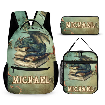 Personalized Name Custom Dragon Sleeping on Books Backpack - School Season Gift for the Dragon Loving Kid!