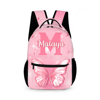 Pink Butterfly Pattern Name Customized Initials Customized Girl's Backpack - School Season Gift for Girls