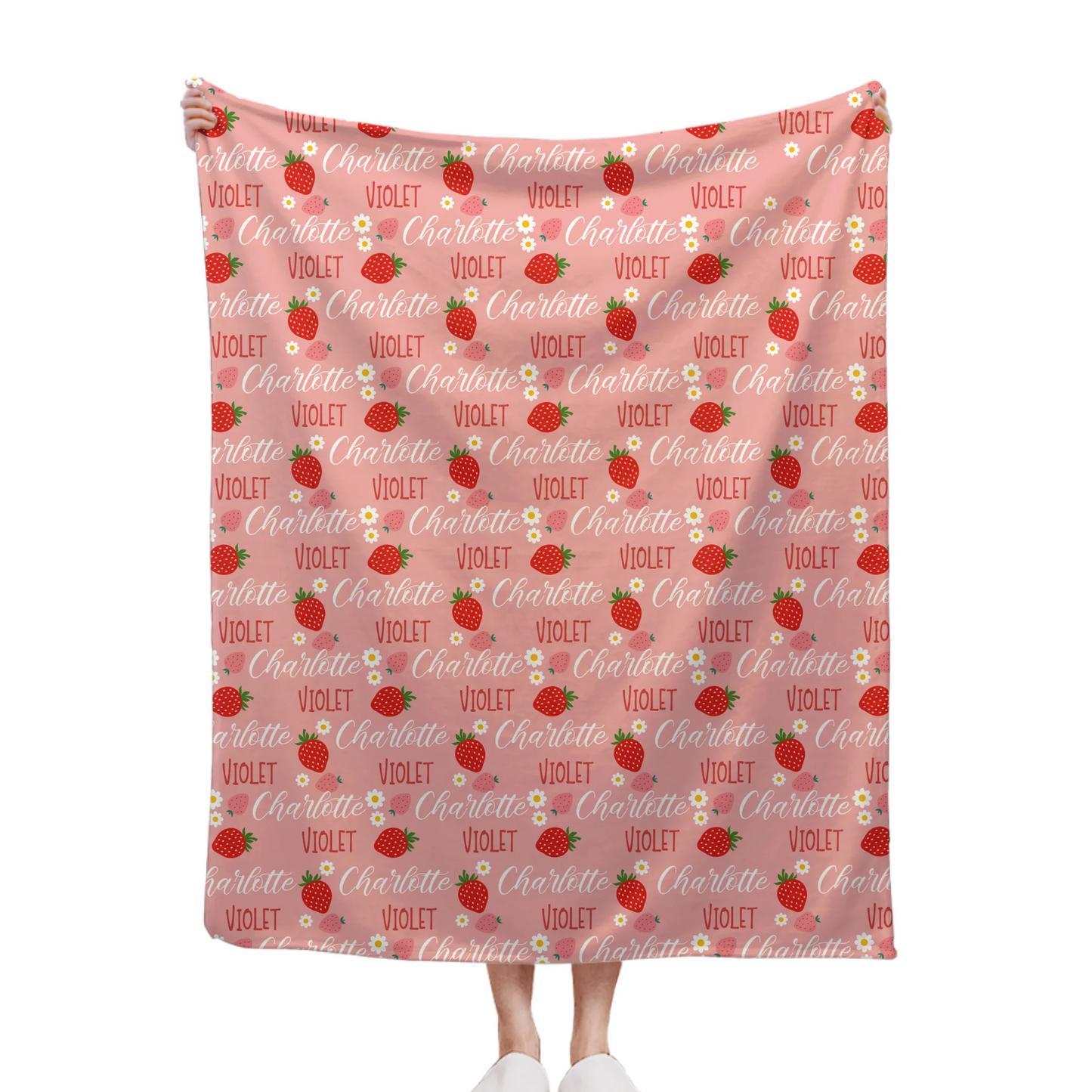 🍓Customized Strawberry Blanket - Personalized Name Toddler Blanket - Gift for Baby Girl, Kids