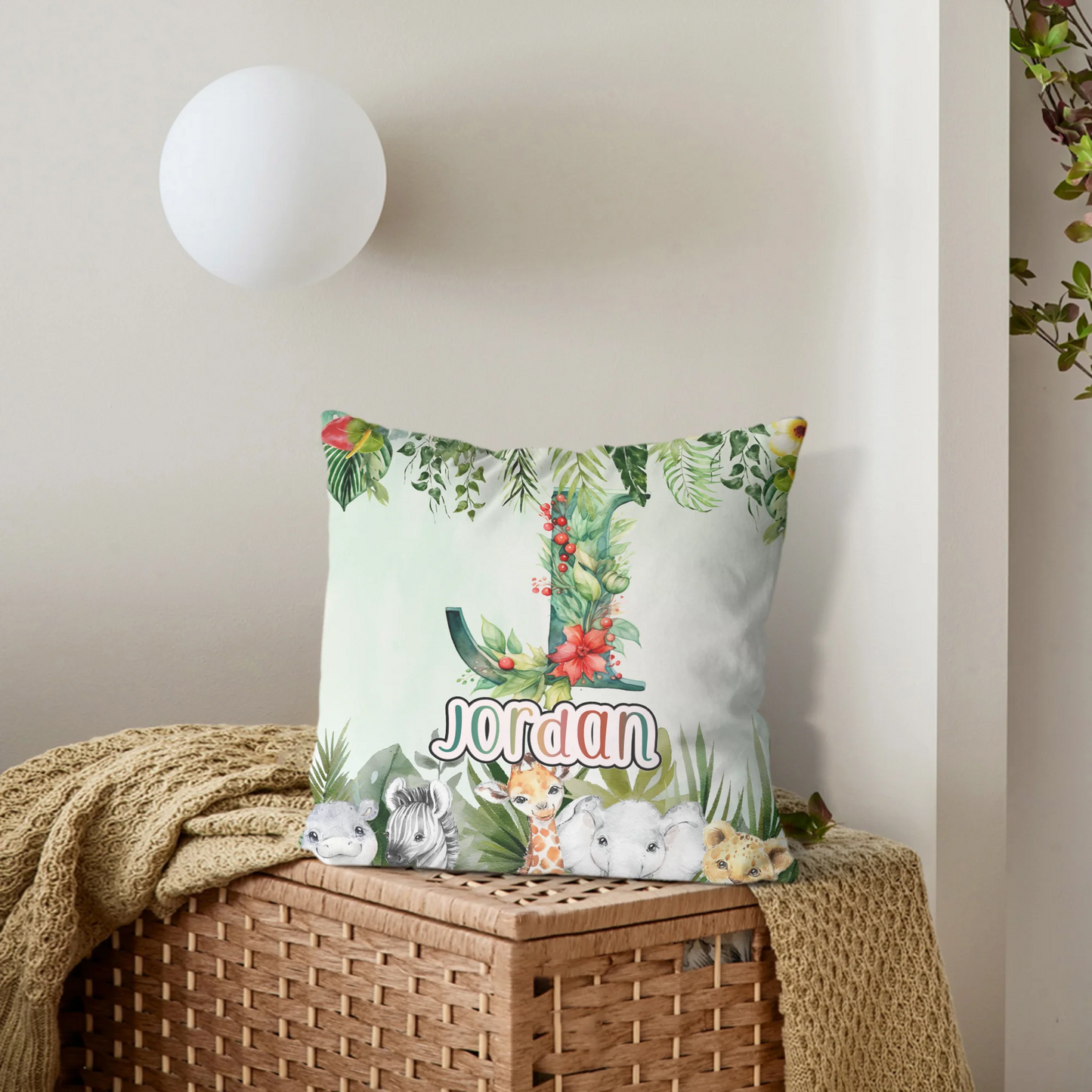 Custom Jungle Animal pillow - Personalized Safari Baby Throw pillow - Gift for Kids and Newborns