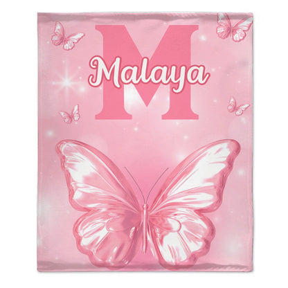 Pink Butterfly Pattern Name Custom Initials Custom Girl Blanket - A Gift For Girls