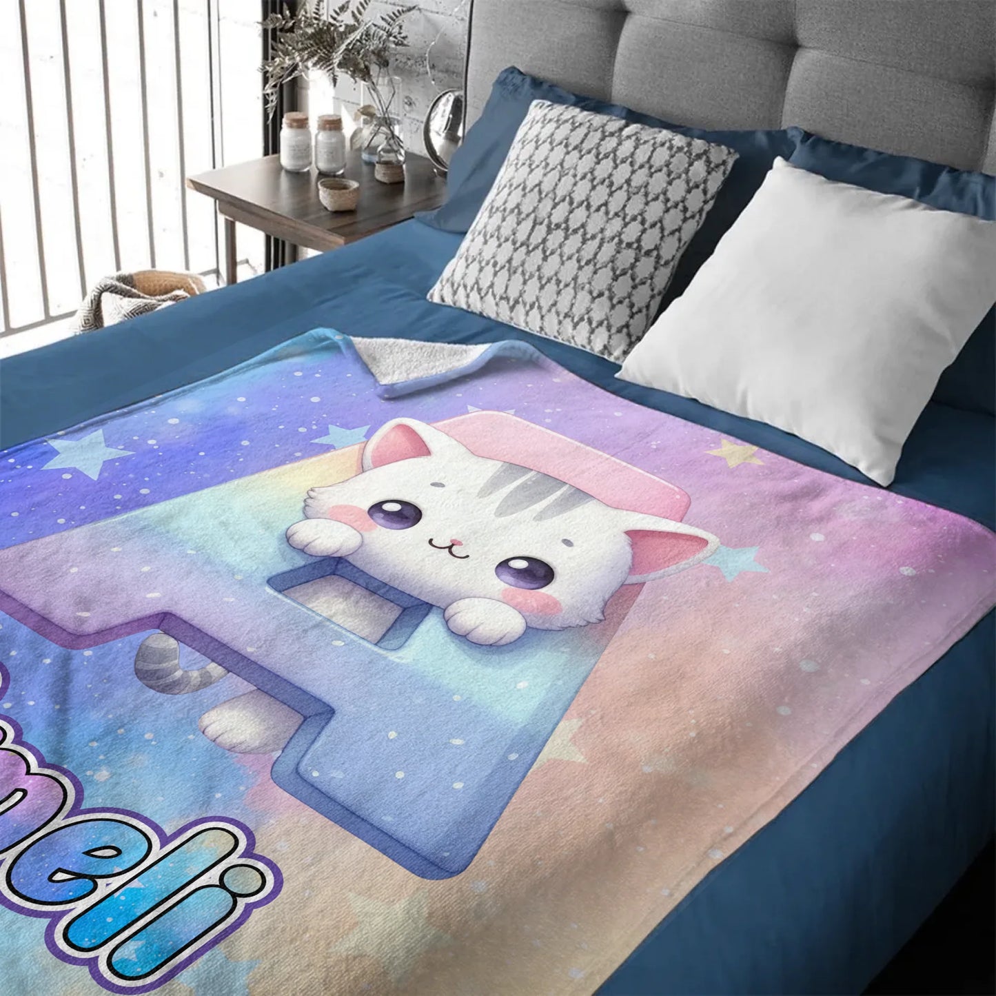 Custom Cat Blanket with Name - Personalized Kids Initial Throw - Gift for Daughter Son Birthday