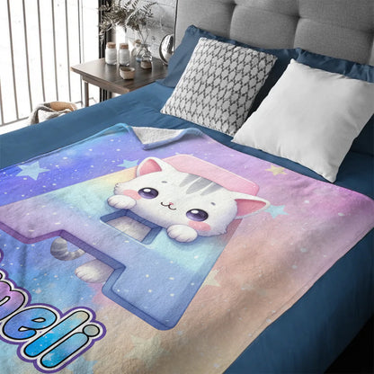 Custom Cat Blanket with Name - Personalized Kids Initial Throw - Gift for Daughter Son Birthday