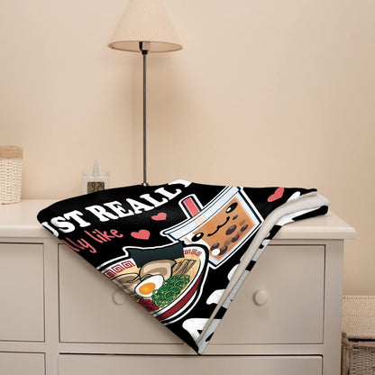 Ramen Boba Blanket Anime Fleece Throws, Kawaii Gift for Girls Teen Loves Noodles Bubble Tea 40x50 Inches Super Soft Lightweight Flannel Blankets, Suitable for All-Season and Bed Sofa