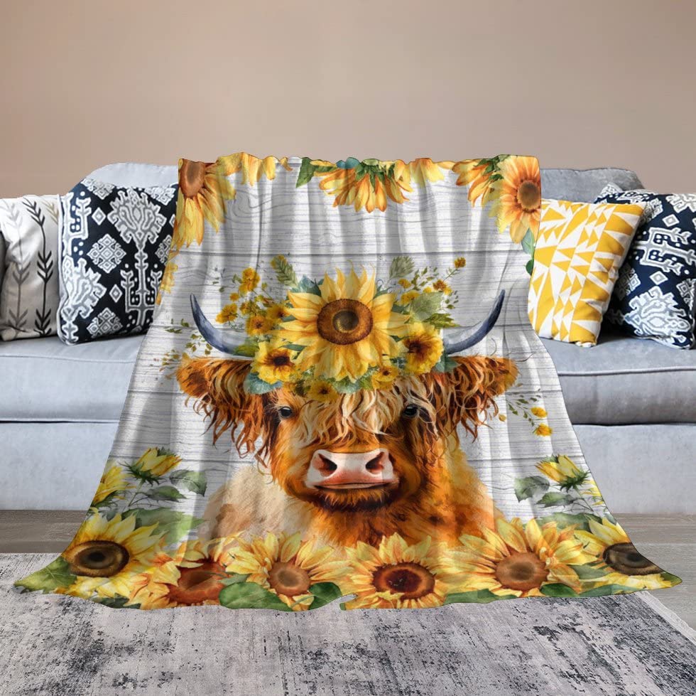 Highland Cow Blanket for Kids - Soft, Fuzzy & Cozy - 30"x40" Lap Size Throw Blanket for Couch, Office - Yellow Cute Warm Blankets Gifts