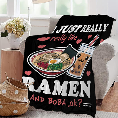 Ramen Boba Blanket Anime Fleece Throws, Kawaii Gift for Girls Teen Loves Noodles Bubble Tea 40x50 Inches Super Soft Lightweight Flannel Blankets, Suitable for All-Season and Bed Sofa