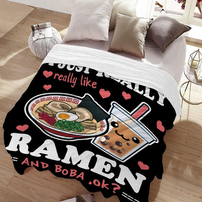 Ramen Boba Blanket Anime Fleece Throws, Kawaii Gift for Girls Teen Loves Noodles Bubble Tea 40x50 Inches Super Soft Lightweight Flannel Blankets, Suitable for All-Season and Bed Sofa