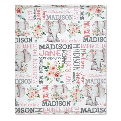 Rose And Elephant - Personalised Name Pink Blanket - A Gift For Child,Newborns