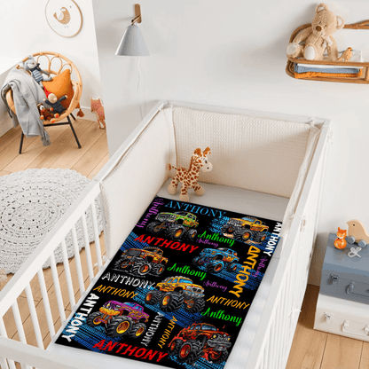 Monster Truck - Personalised Name Multi Colour Truck Pattern Blanket - A Gift For Child