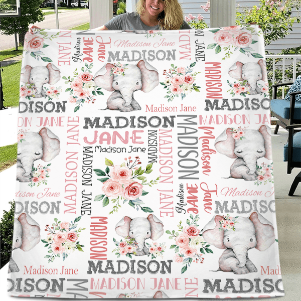 Rose And Elephant - Personalised Name Pink Blanket - A Gift For Child,Newborns