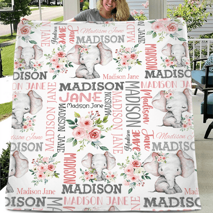 Rose And Elephant - Personalised Name Pink Blanket - A Gift For Child,Newborns