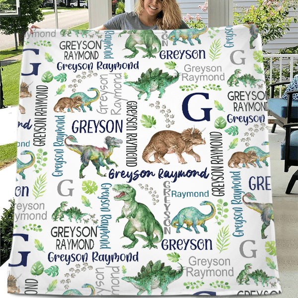 Customised Dinosaur Pattern Blanket - Personalised Name Dinosaur Blanket - A Gift For Child,Baby,Friend