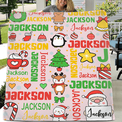 Customized Blankets for Christmas Day - Personalized Name Cartoon Pattern Christmas Blanket - Christmas Gift For Child