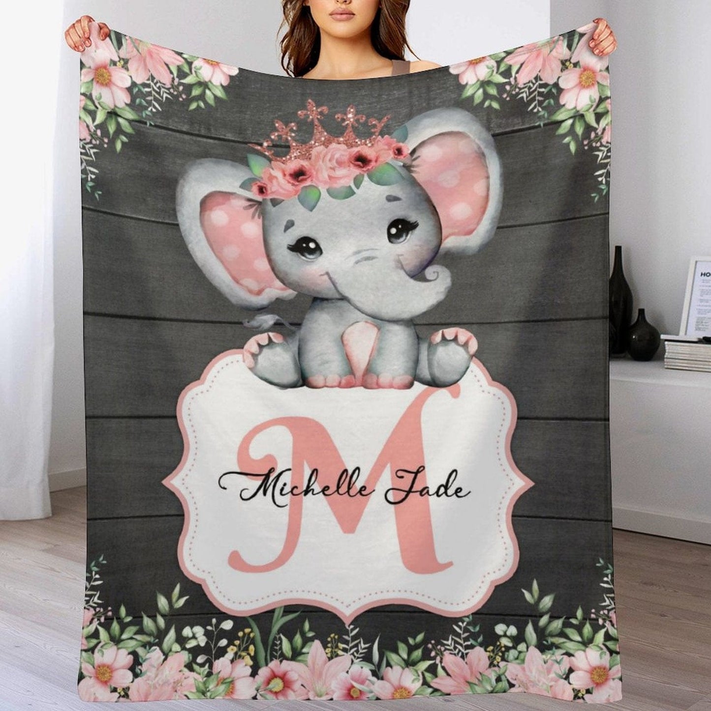 We pay shipping✈️Custom Baby Blanket for Baby Boy Girls - Personalized Purple Elephant Flower Design for Kids Toddler Swaddling Birthday Gifts