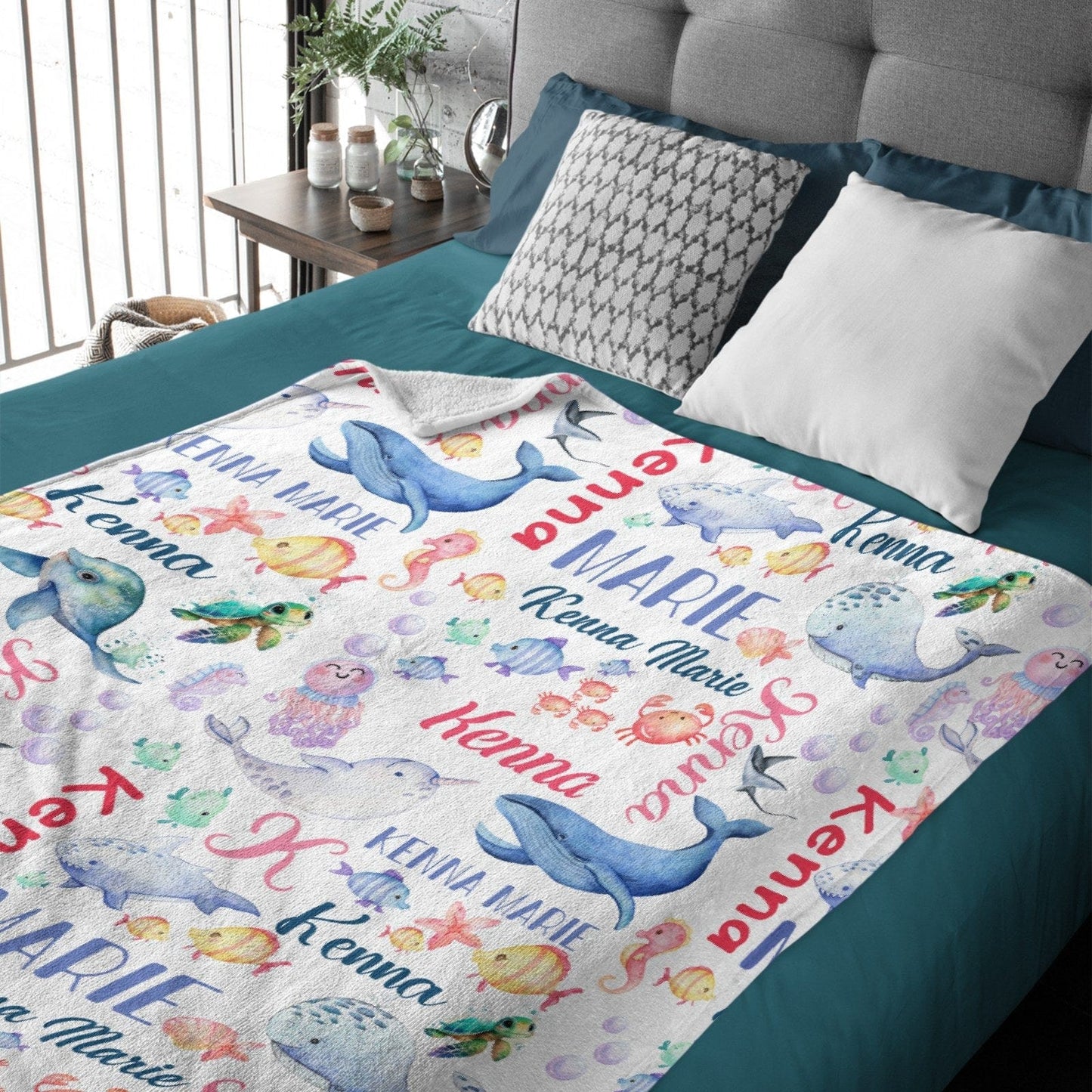 Personalized Whale Sea Animals Custom Name Baby Blanket