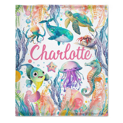 Personalized Baby Toddler Name Blanket-Watercolor Sea Animals