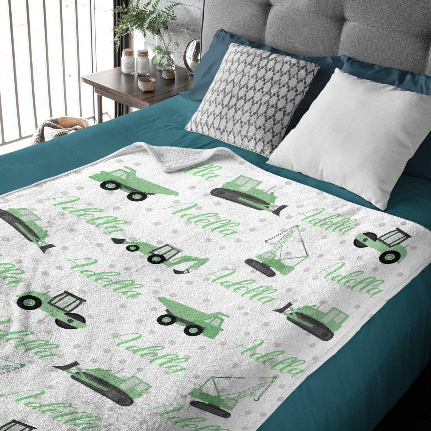 Colorful Construction Trucks Custom Name Baby blanket