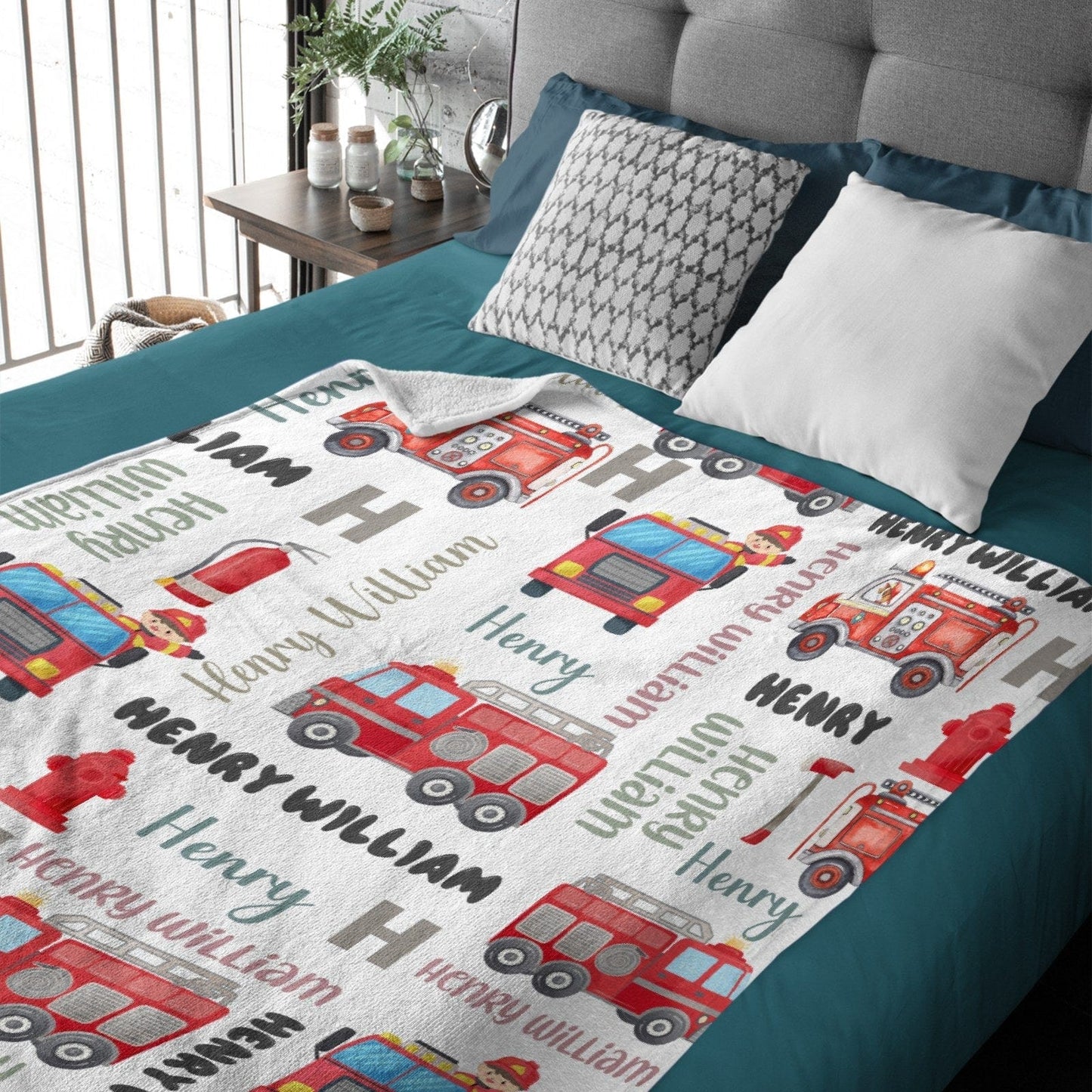 Personalized Name FireTruck Theme Baby Blanket