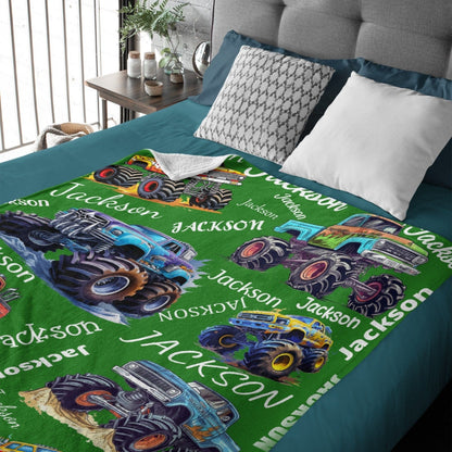 Personalized Custom Name Monster Trucks Blankets Blanket for Kids