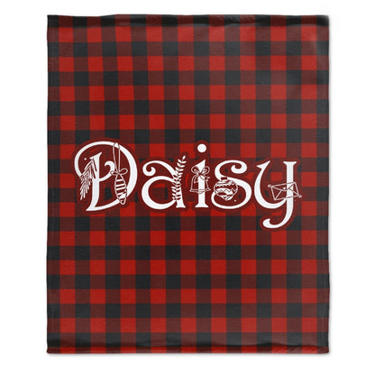 Personalized Buffalo Plaid Christmas Checkered Red Snowflake Name Blanket