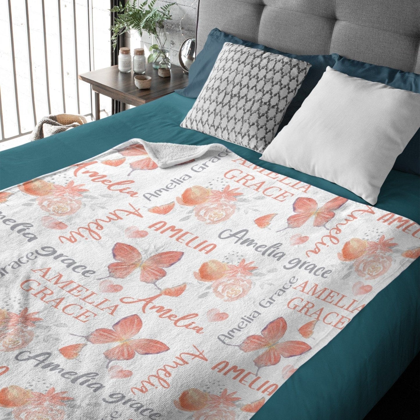 Personalized Butterfly Coral Floral Baby Girl Name Blanket