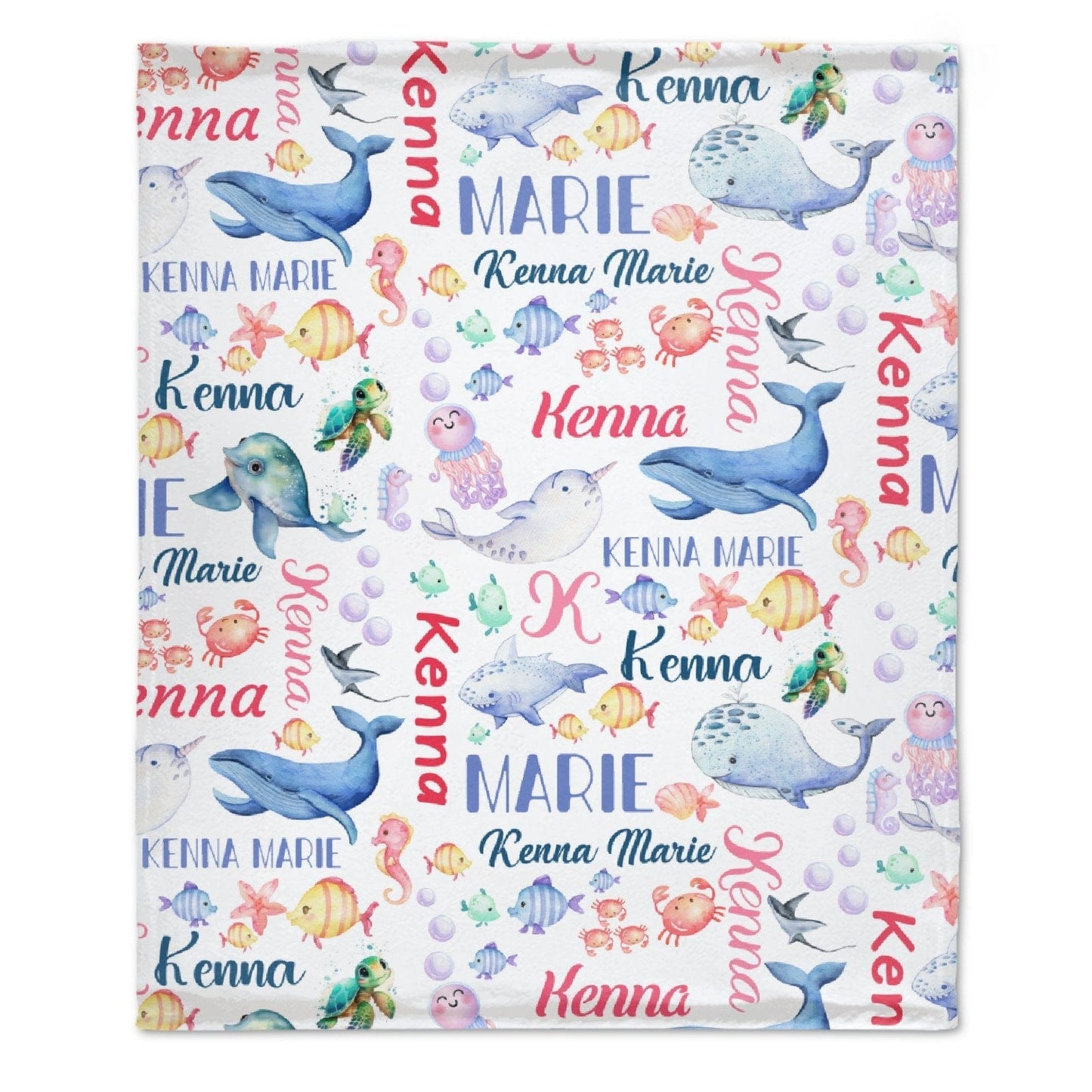 Personalized Whale Sea Animals Custom Name Baby Blanket