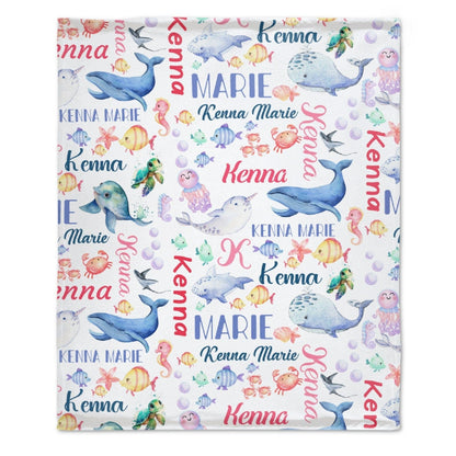 Personalized Whale Sea Animals Custom Name Baby Blanket