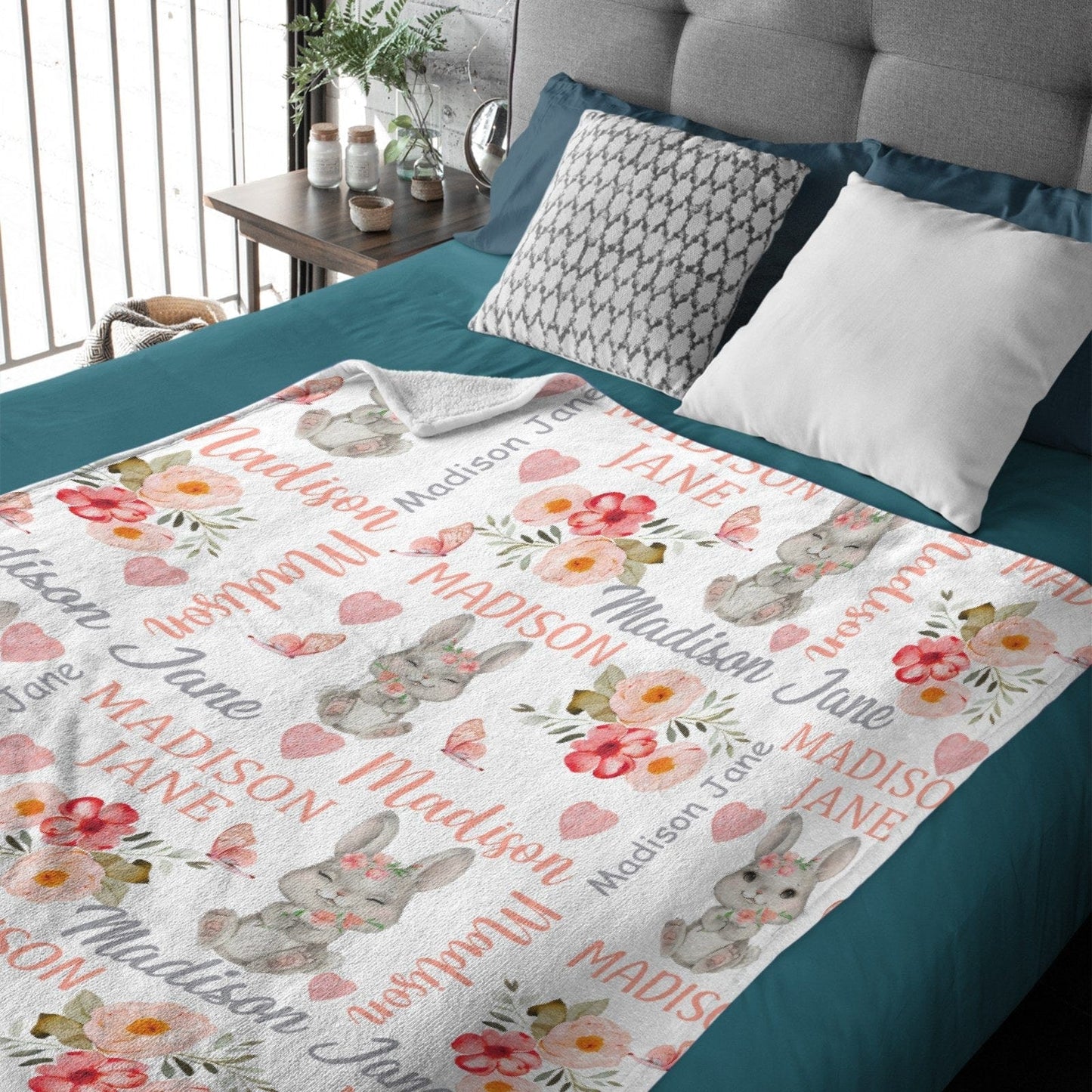 Personalized Baby Girl Blanket Coral Floral Bunny Baby Blanket