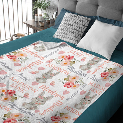 Personalized Baby Girl Blanket Coral Floral Bunny Baby Blanket