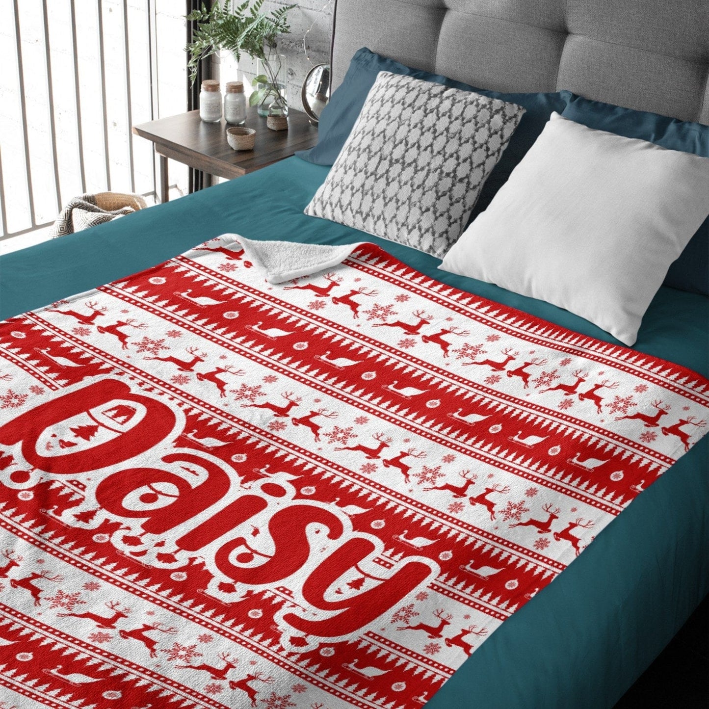 Personalized Buffalo Plaid Christmas Checkered Red Snowflake Name Blanket