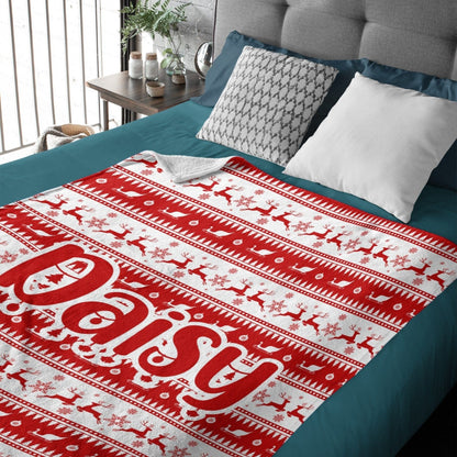 Personalized Buffalo Plaid Christmas Checkered Red Snowflake Name Blanket