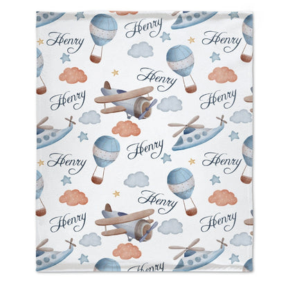 Personalized Hot Air Balloon Plane Baby Blanket