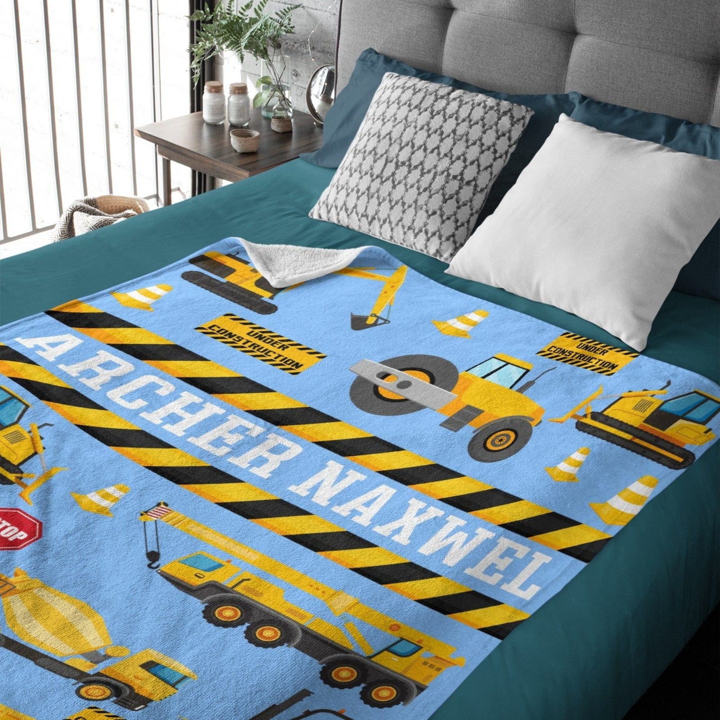 Personalized Name Custom Construction Vehicle Theme Blanket