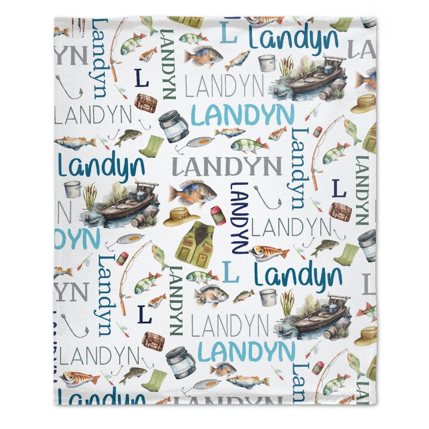 Personalized Name Blanket Baby Blanket- Fishing Blanket - Name Pattern - Fishing
