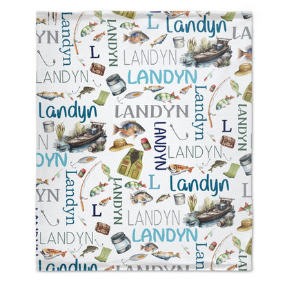 Personalized Name Blanket Baby Blanket- Fishing Blanket - Name Pattern - Fishing