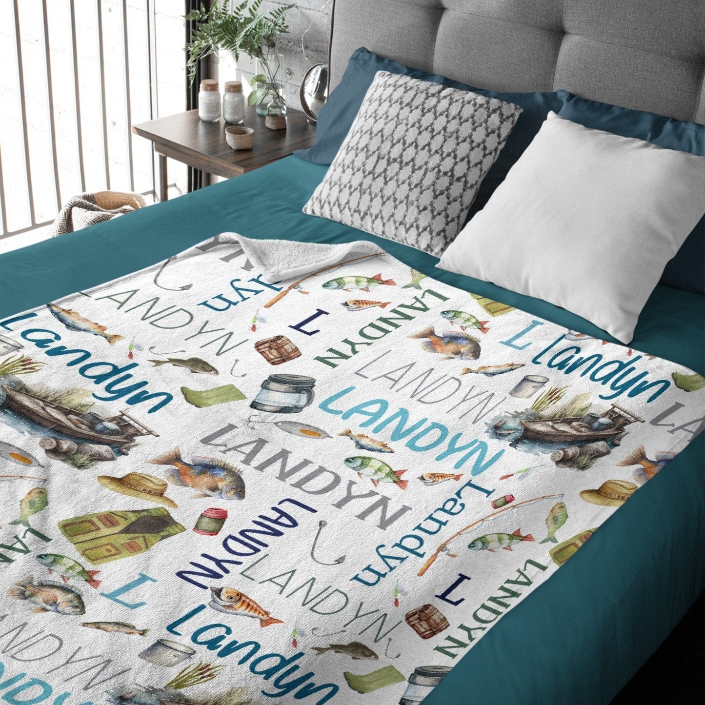 Personalized Name Blanket Baby Blanket- Fishing Blanket - Name Pattern - Fishing
