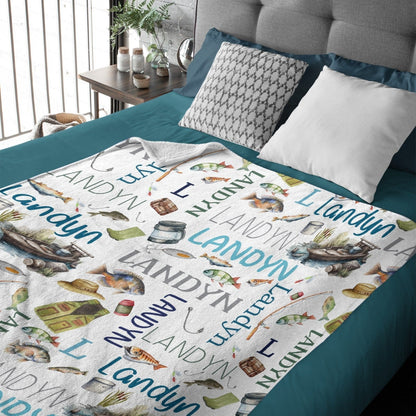 Personalized Name Blanket Baby Blanket- Fishing Blanket - Name Pattern - Fishing