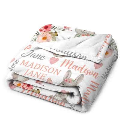 Personalized Baby Girl Blanket Coral Floral Bunny Baby Blanket