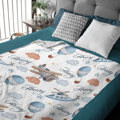 Personalized Hot Air Balloon Plane Baby Blanket