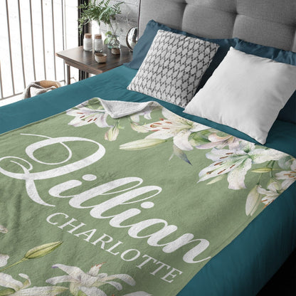 White Lily Floral Personalized Baby Blanket