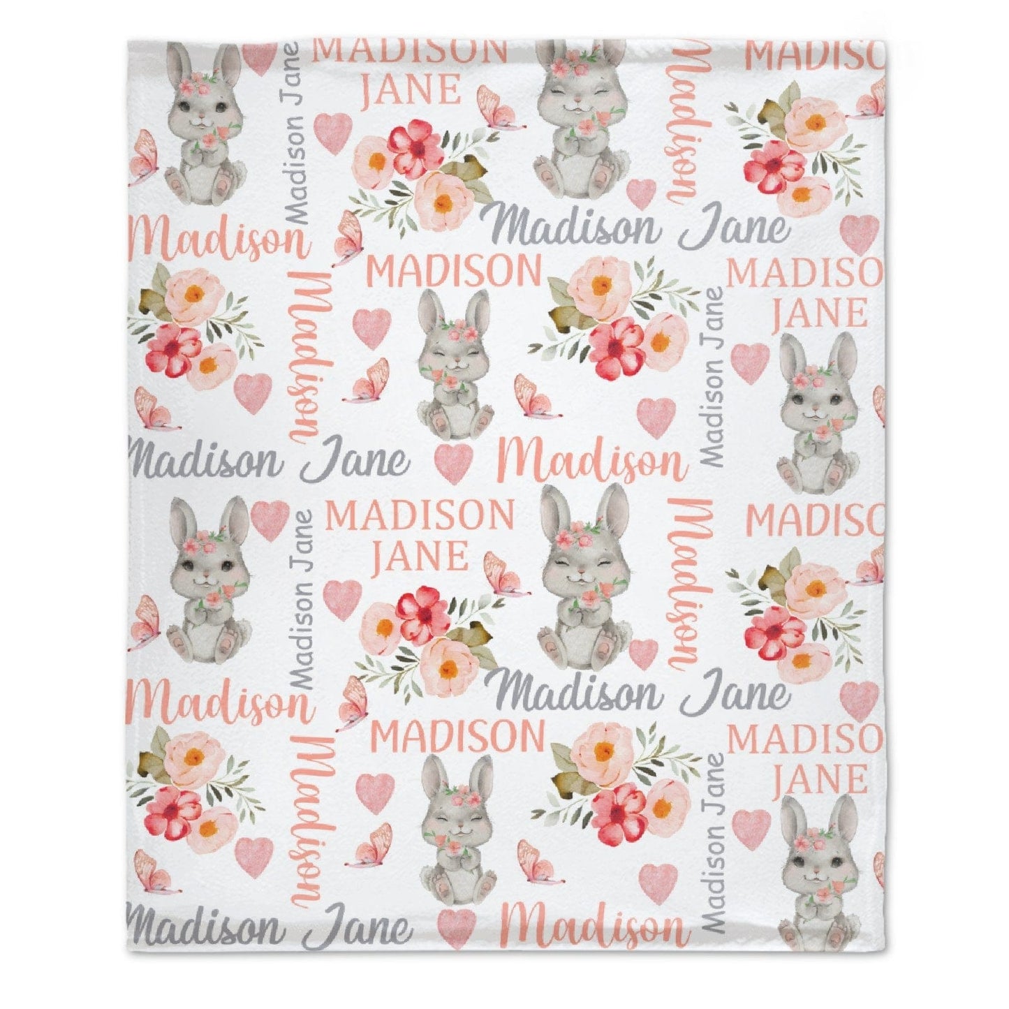 Personalized Baby Girl Blanket Coral Floral Bunny Baby Blanket