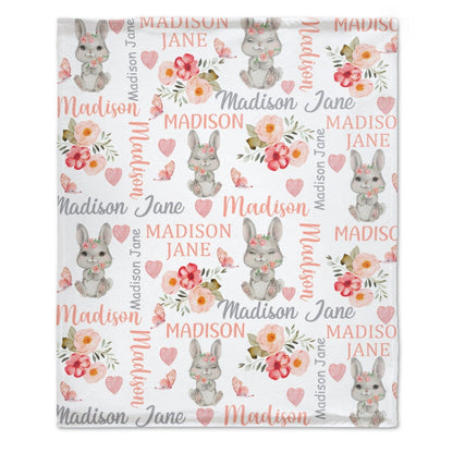 Personalized Baby Girl Blanket Coral Floral Bunny Baby Blanket