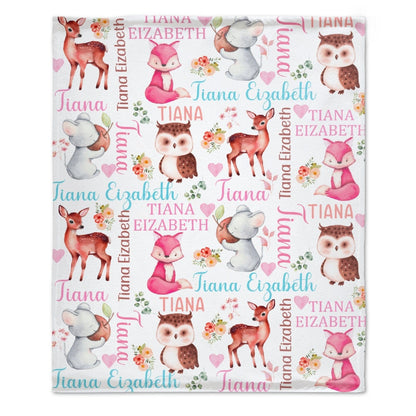Woodland Animals Personalized Baby Girl Blanket