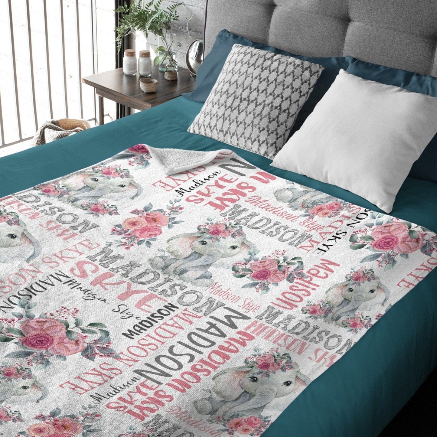 Flower Elephant Baby Girl Name Custom Blanket